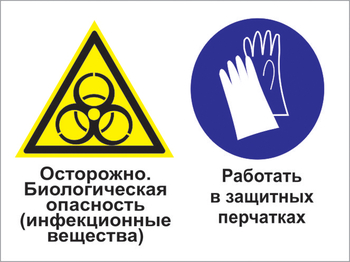 Кз 73 осторожно - биологическая опасность (инфекционные вещества). работать в защитных перчатках. (пластик, 400х300 мм) - Знаки безопасности - Комбинированные знаки безопасности - ohrana.inoy.org